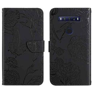 For TCL 10 SE Skin Feel Butterfly Peony Embossed Leather Phone Case(Black)