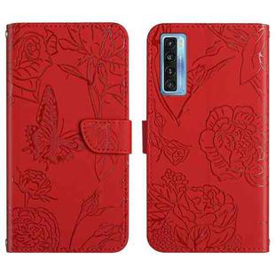 For TCL 20 Pro 5G Skin Feel Butterfly Peony Embossed Leather Phone Case(Red)