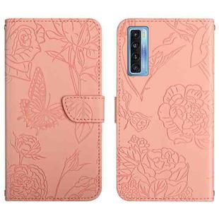 For TCL 20 Pro 5G Skin Feel Butterfly Peony Embossed Leather Phone Case(Pink)