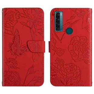 For TCL 20 SE Skin Feel Butterfly Peony Embossed Leather Phone Case(Red)