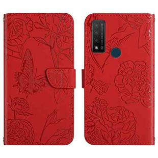 For TCL 20 R 5G Skin Feel Butterfly Peony Embossed Leather Phone Case(Red)