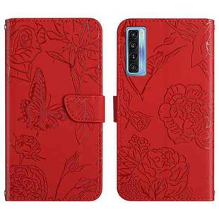 For TCL 20S / 20 5G / 20L / 20L+ Skin Feel Butterfly Peony Embossed Leather Phone Case(Red)