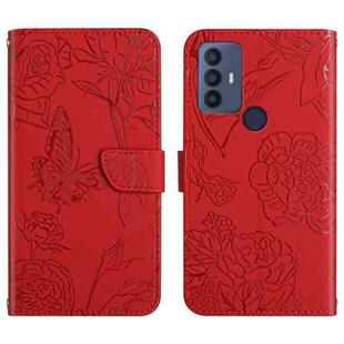For TCL 30 SE Skin Feel Butterfly Peony Embossed Leather Phone Case(Red)