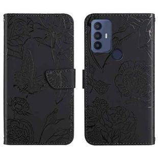 For TCL 30 SE Skin Feel Butterfly Peony Embossed Leather Phone Case(Black)