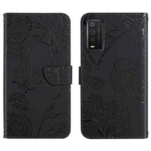 For TCL 205 Skin Feel Butterfly Peony Embossed Leather Phone Case(Black)