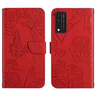 For T-Mobile Revvl V+ 5G Skin Feel Butterfly Peony Embossed Leather Phone Case(Red)