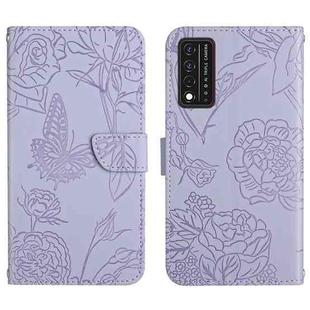 For T-Mobile Revvl V+ 5G Skin Feel Butterfly Peony Embossed Leather Phone Case(Purple)