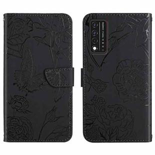 For T-Mobile Revvl V+ 5G Skin Feel Butterfly Peony Embossed Leather Phone Case(Black)