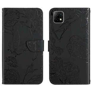 For Wiko T3 Skin Feel Butterfly Peony Embossed Leather Phone Case(Black)