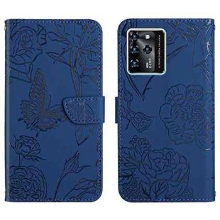 For ZTE Blade V30 Skin Feel Butterfly Peony Embossed Leather Phone Case(Blue)