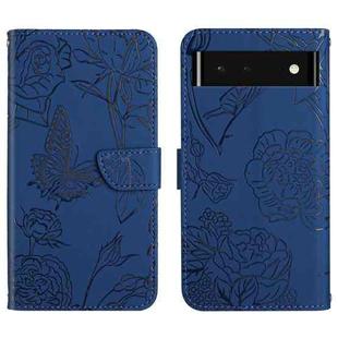 For Google Pixel 6 Skin Feel Butterfly Peony Embossed Leather Phone Case(Blue)