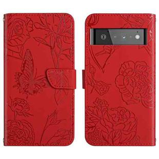 For Google Pixel 6 Pro Skin Feel Butterfly Peony Embossed Leather Phone Case(Red)