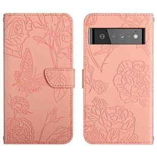 For Google Pixel 6 Pro Skin Feel Butterfly Peony Embossed Leather Phone Case(Pink)