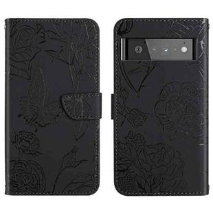 For Google Pixel 6 Pro Skin Feel Butterfly Peony Embossed Leather Phone Case(Black)