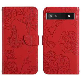 For Google Pixel 6a Skin Feel Butterfly Peony Embossed Leather Phone Case(Red)