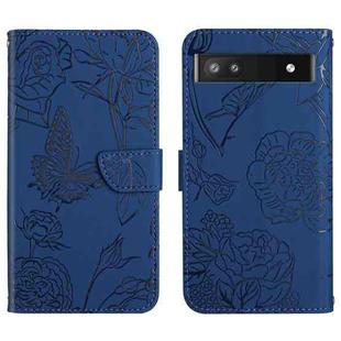 For Google Pixel 6a Skin Feel Butterfly Peony Embossed Leather Phone Case(Blue)