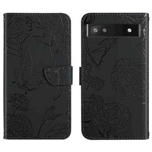 For Google Pixel 6a Skin Feel Butterfly Peony Embossed Leather Phone Case(Black)