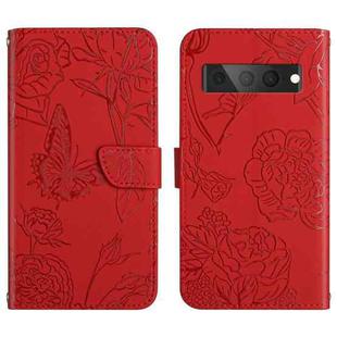 For Google Pixel 7 Pro 5G Skin Feel Butterfly Peony Embossed Leather Phone Case(Red)