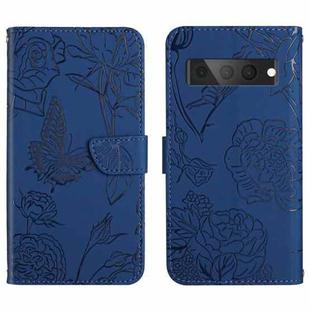 For Google Pixel 7 Pro 5G Skin Feel Butterfly Peony Embossed Leather Phone Case(Blue)