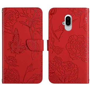 For Fujitsu Arrows F-52B Skin Feel Butterfly Peony Embossed Leather Phone Case(Red)