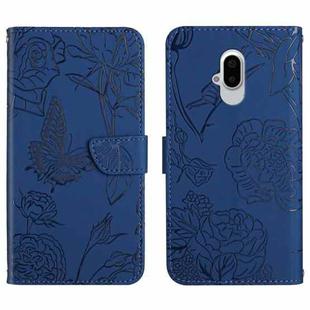 For Fujitsu Arrows F-52B Skin Feel Butterfly Peony Embossed Leather Phone Case(Blue)