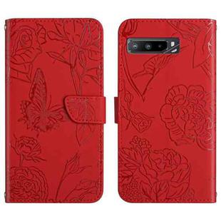 For Asus ROG Phone 3 ZS661KS Skin Feel Butterfly Peony Embossed Leather Phone Case(Red)