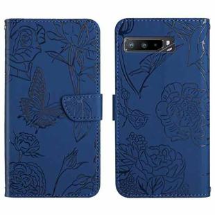 For Asus ROG Phone 3 ZS661KS Skin Feel Butterfly Peony Embossed Leather Phone Case(Blue)