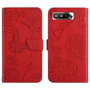For Asus ROG Phone 5 ZS673KS Skin Feel Butterfly Peony Embossed Leather Phone Case(Red)