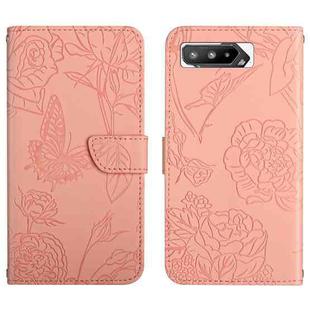 For Asus ROG Phone 5 ZS673KS Skin Feel Butterfly Peony Embossed Leather Phone Case(Pink)