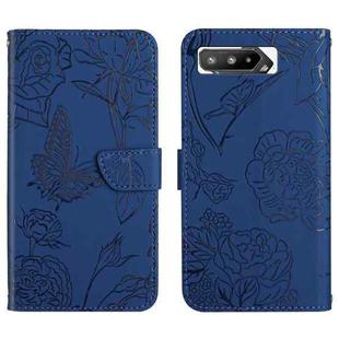 For Asus ROG Phone 5 ZS673KS Skin Feel Butterfly Peony Embossed Leather Phone Case(Blue)