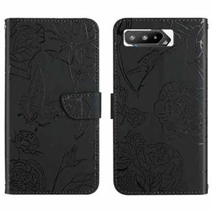 For Asus ROG Phone 5 ZS673KS Skin Feel Butterfly Peony Embossed Leather Phone Case(Black)