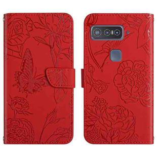 For Asus Smartphone for Snapdragon Insiders Skin Feel Butterfly Peony Embossed Leather Phone Case(Red)