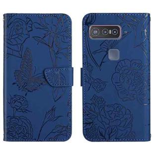For Asus Smartphone for Snapdragon Insiders Skin Feel Butterfly Peony Embossed Leather Phone Case(Blue)