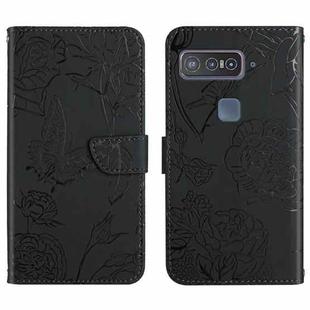 For Asus Smartphone for Snapdragon Insiders Skin Feel Butterfly Peony Embossed Leather Phone Case(Black)