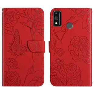 For Honor 9X Lite Skin Feel Butterfly Peony Embossed Leather Phone Case(Red)