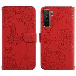 For Huawei nova 7 SE Skin Feel Butterfly Peony Embossed Leather Phone Case(Red)