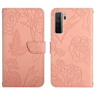 For Huawei nova 7 SE Skin Feel Butterfly Peony Embossed Leather Phone Case(Pink)