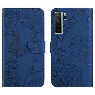 For Huawei nova 7 SE Skin Feel Butterfly Peony Embossed Leather Phone Case(Blue)