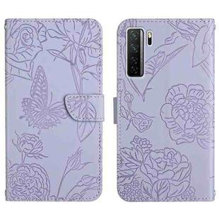 For Huawei nova 7 SE Skin Feel Butterfly Peony Embossed Leather Phone Case(Purple)