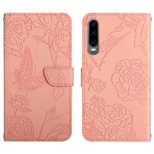For Huawei P30 Skin Feel Butterfly Peony Embossed Leather Phone Case(Pink)