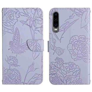 For Huawei P30 Skin Feel Butterfly Peony Embossed Leather Phone Case(Purple)