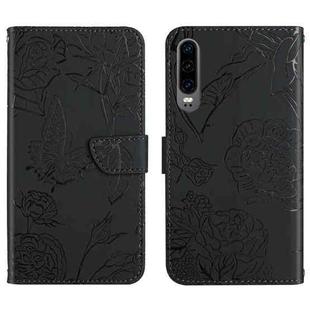 For Huawei P30 Skin Feel Butterfly Peony Embossed Leather Phone Case(Black)