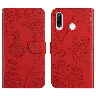 For Huawei P30 Lite Skin Feel Butterfly Peony Embossed Leather Phone Case(Red)