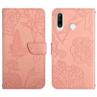 For Huawei P30 Lite Skin Feel Butterfly Peony Embossed Leather Phone Case(Pink)