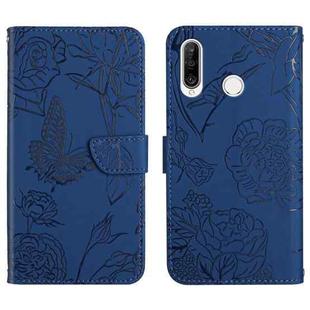 For Huawei P30 Lite Skin Feel Butterfly Peony Embossed Leather Phone Case(Blue)