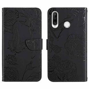 For Huawei P30 Lite Skin Feel Butterfly Peony Embossed Leather Phone Case(Black)