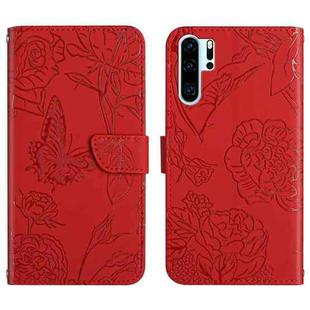 For Huawei P30 Pro Skin Feel Butterfly Peony Embossed Leather Phone Case(Red)