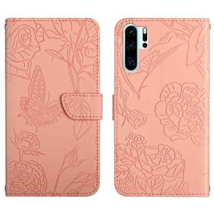 For Huawei P30 Pro Skin Feel Butterfly Peony Embossed Leather Phone Case(Pink)