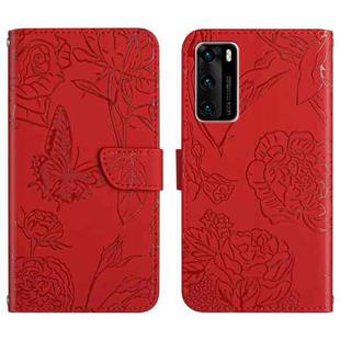 For Huawei P40 Skin Feel Butterfly Peony Embossed Leather Phone Case(Red)