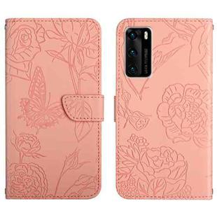 For Huawei P40 Skin Feel Butterfly Peony Embossed Leather Phone Case(Pink)